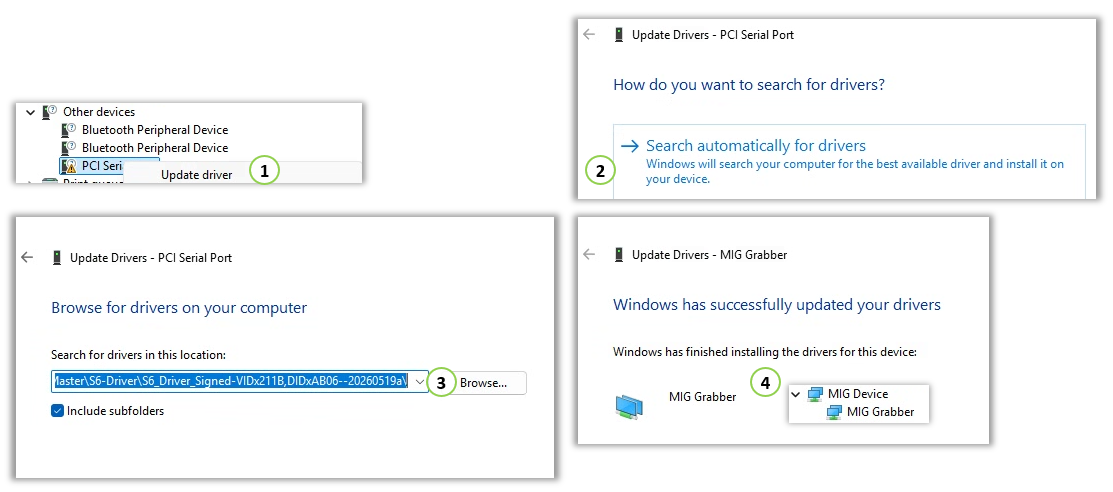 The image shows a user interface on a Windows device, where the user is guiding through the process of updating a PCI Serial Port driver, with options to search for drivers automatically or manually, and the successful installation message is displayed. AI 생성 콘텐츠는 정확하지 않을 수 있습니다.